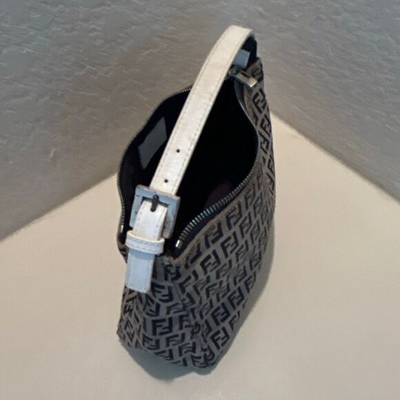 Fendi Zucchino Mini Bag Navy White FF Logo Slouchy Baguette Shoulder Purse - Picture 10 of 15